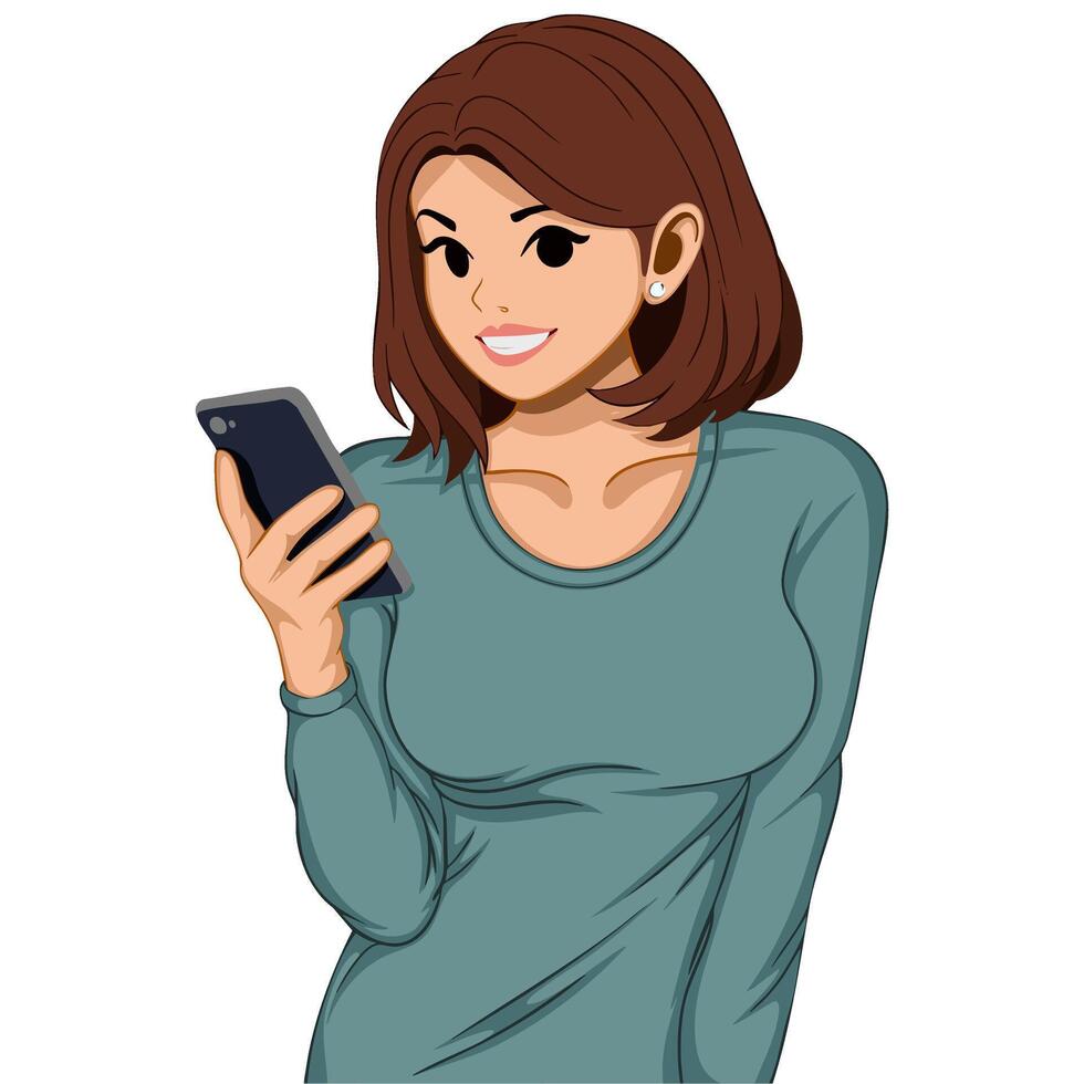 Illustration of a cheerful woman using a mobile phone vector