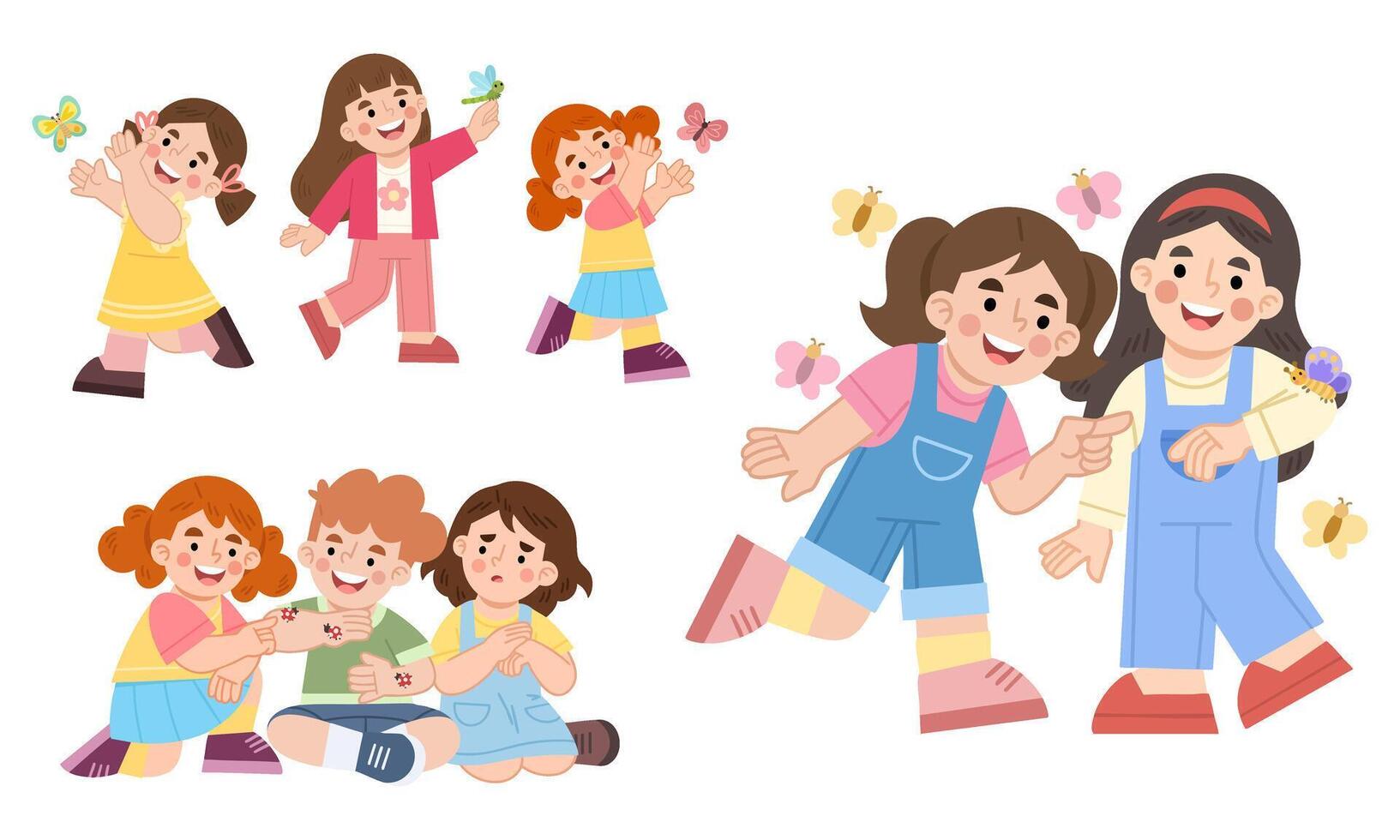 Illustration set of cheerful children chasing butterflies vector