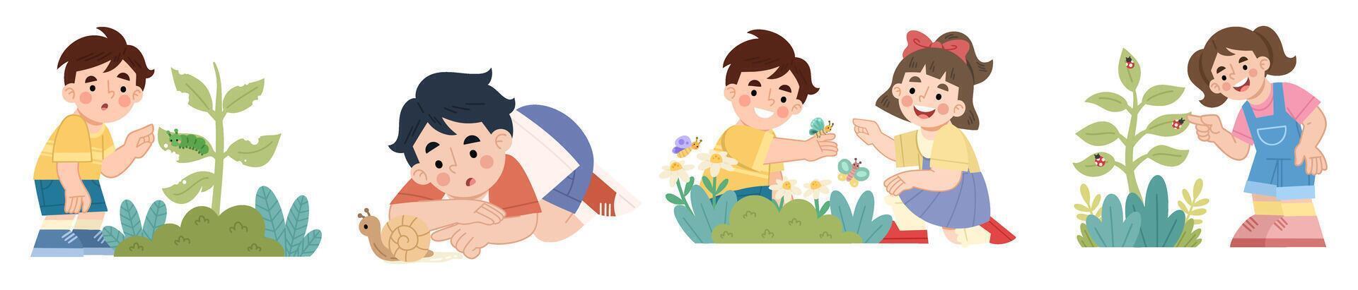 Illustration set of curious children observing insects vector