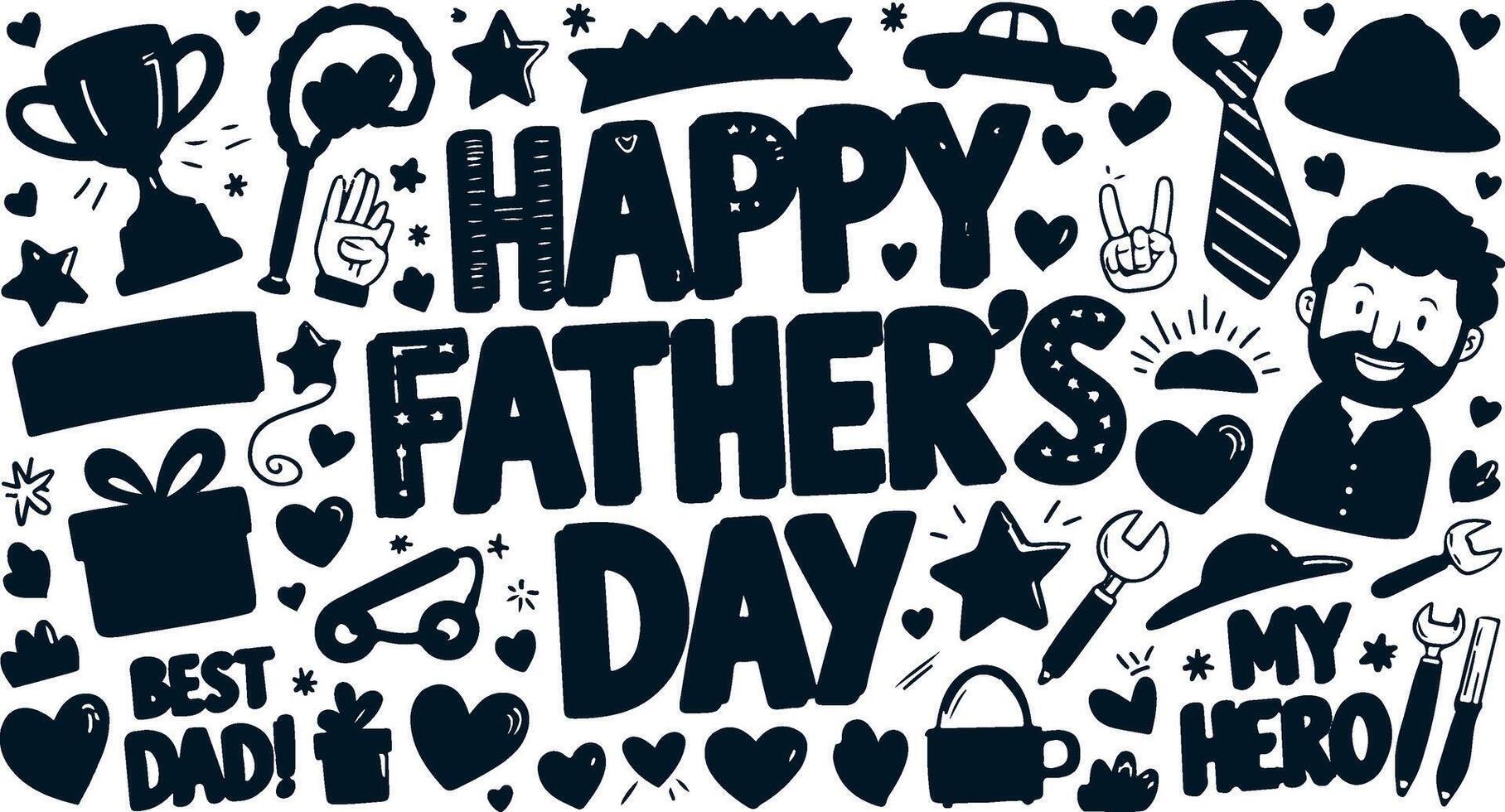 Father's Day Hand drawn set features a doodle alphabet, black cats, and various art vector