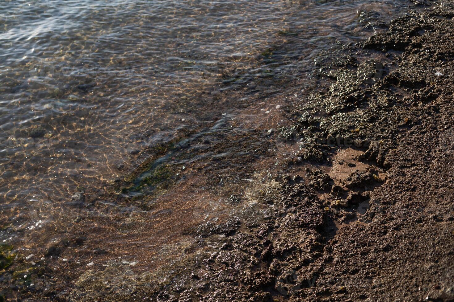 Rocks of dead coral swept by waves at white sand beach photo