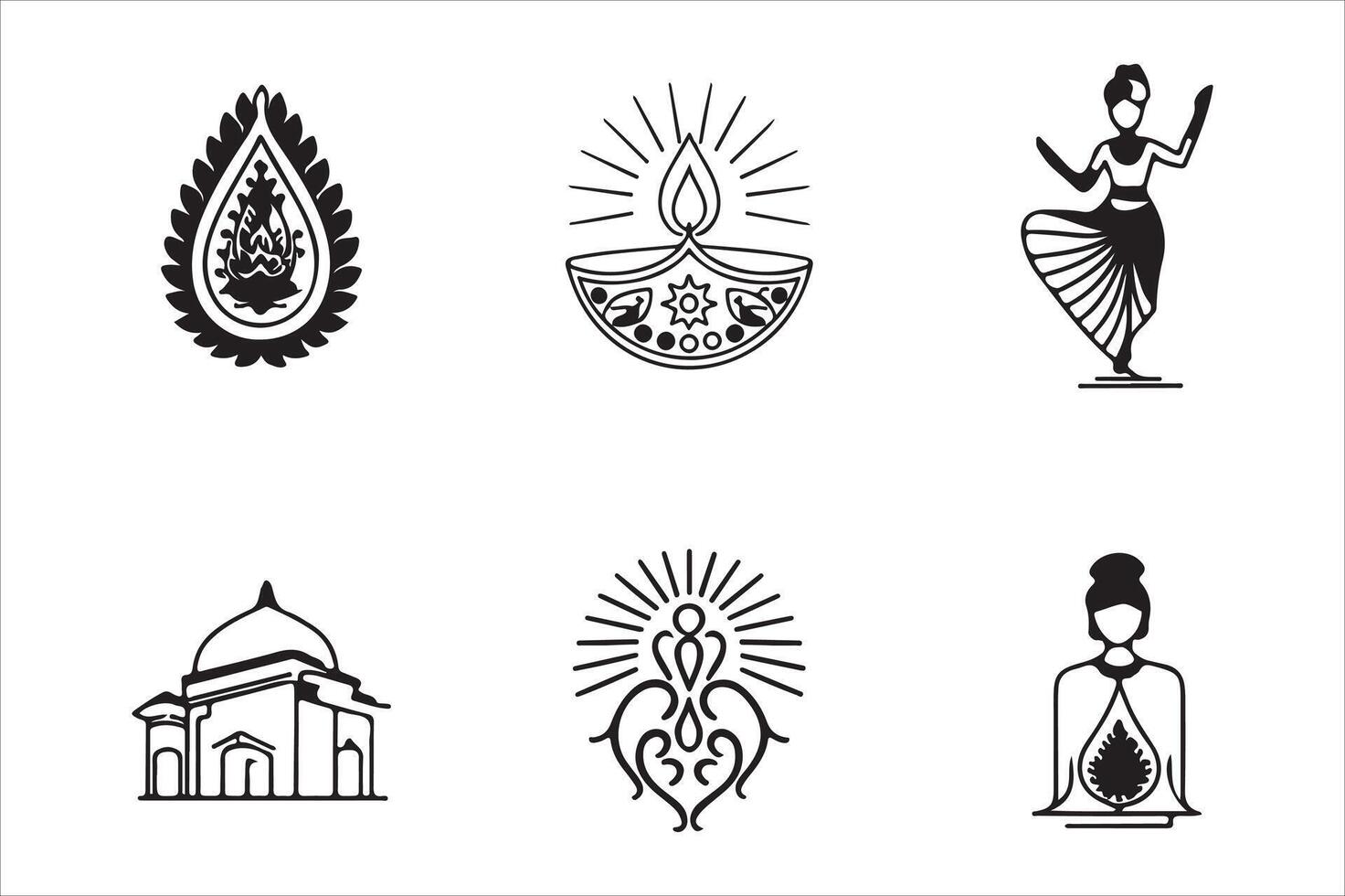 A set of minimal, black and white line art icons representing Indian culture and festivals vector