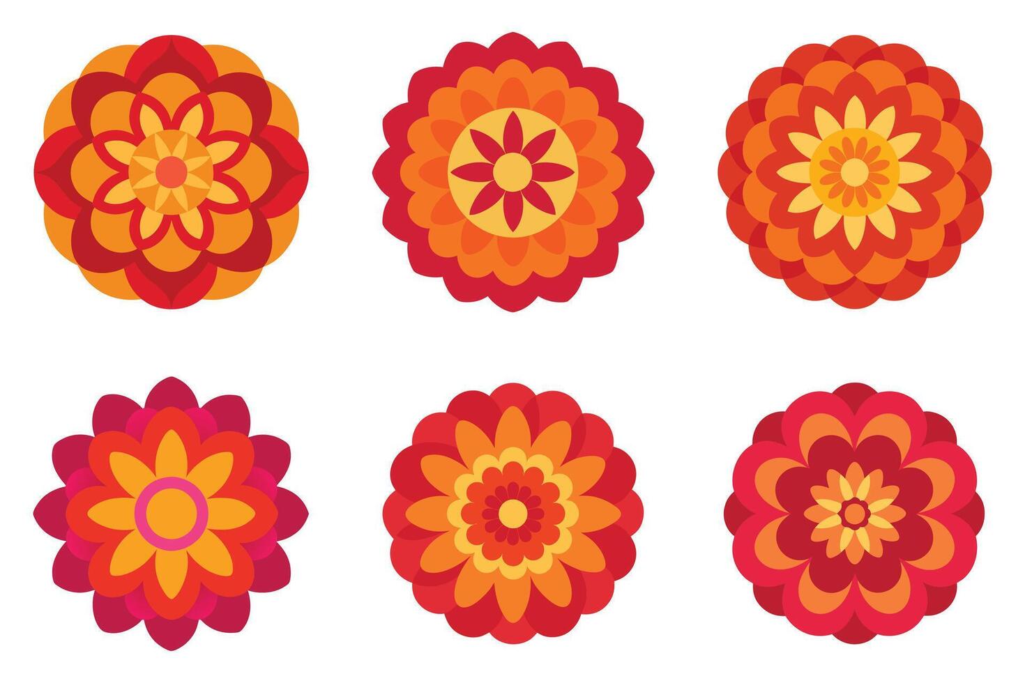 Vibrant Decorative Flower Icons in Warm Red-Orange Tones vector