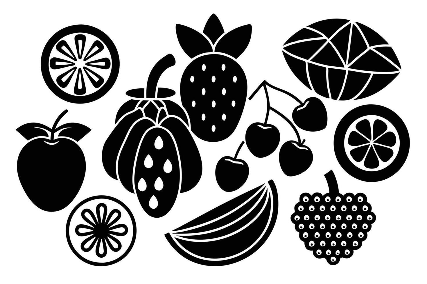 A collection of Black and White Fruit Icons vector