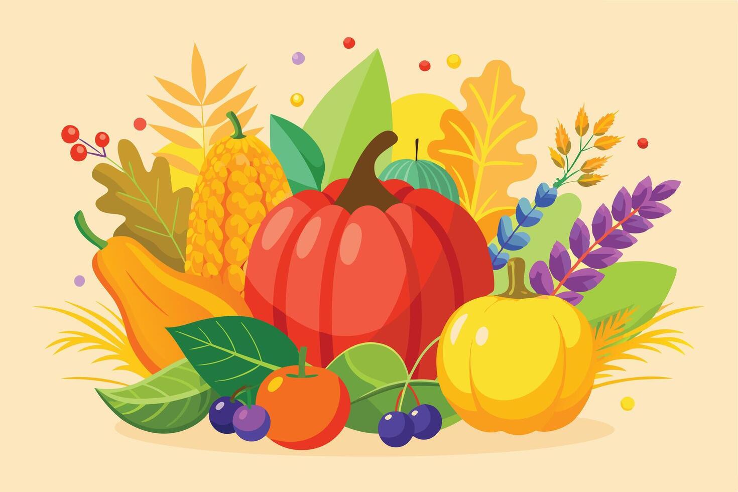 Autumn Harvest Display with Pumpkins and Fall Fruits vector