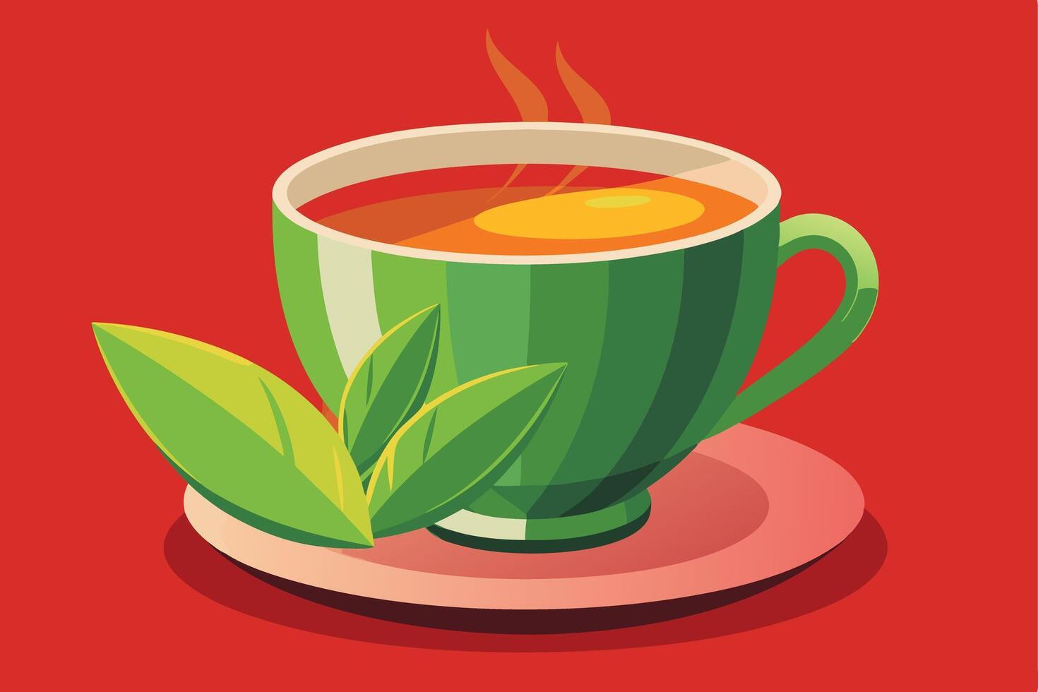 A vibrant illustration of a steaming cup of tea with leaves. vector