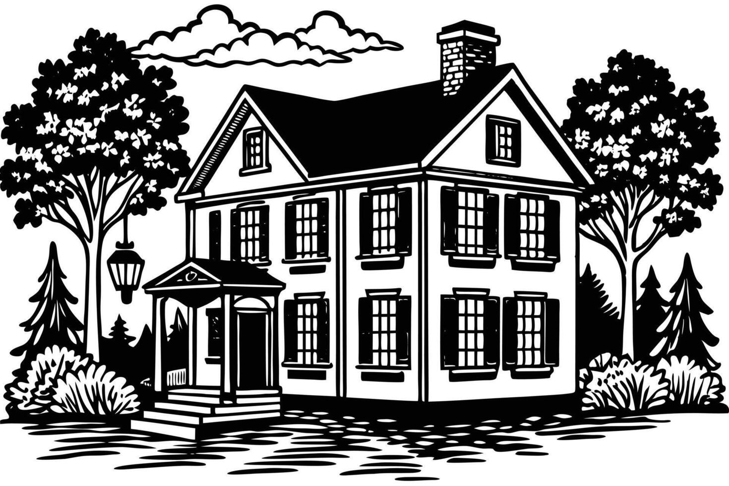 A vintage black and white illustration of a historic house. vector