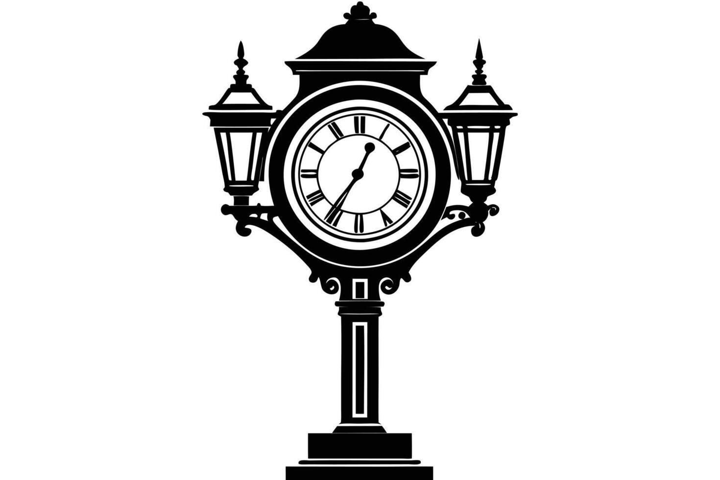 Elegant Black and White Street Clock with Lanterns vector