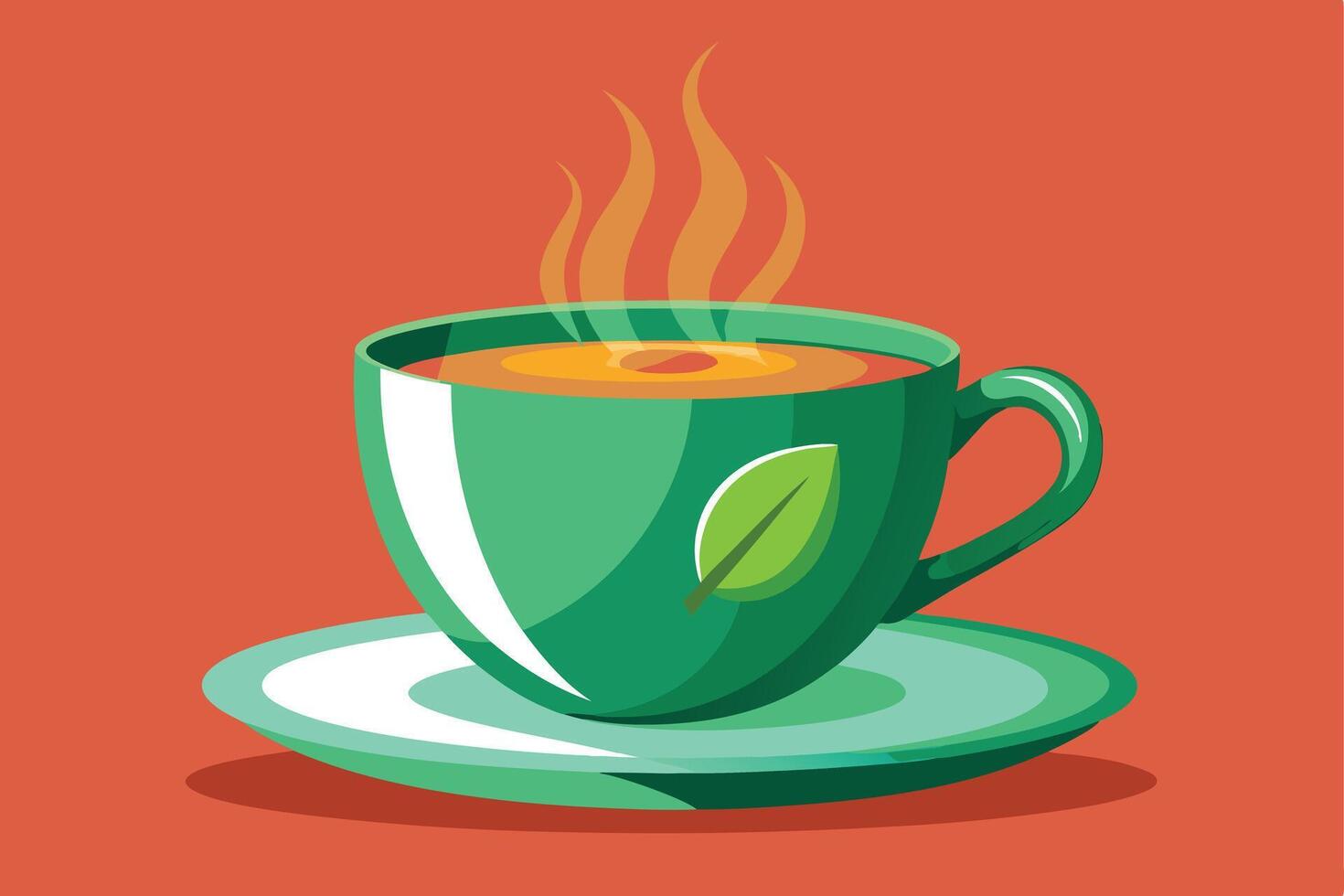 A illustration of a steaming cup of tea with leaves. vector