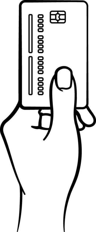 Black line drawing of a hand holding a credit or bank card vector