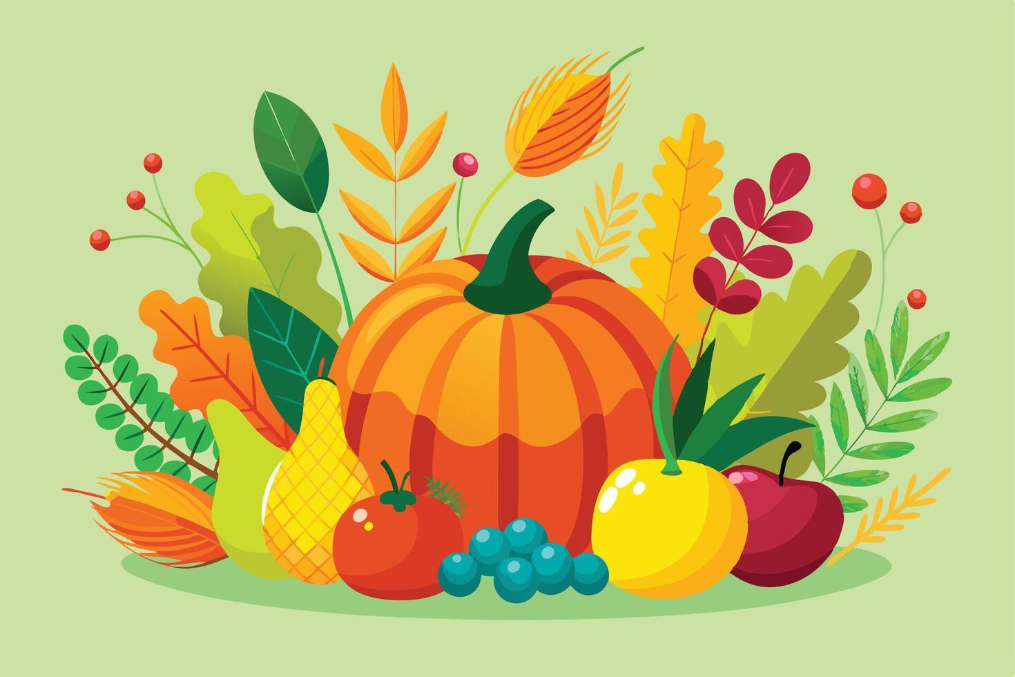 Vibrant Autumn Harvest Display with Pumpkins and Fall Fruits vector