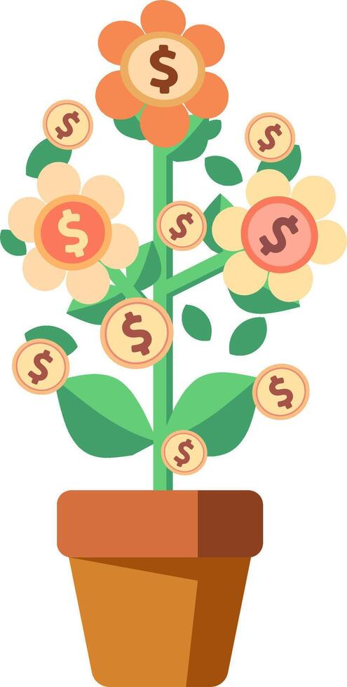 Flat design illustration of a money plant blooming with dollar coin flowers. Symbol of financial freedom, growth, and prosperity. Ideal for finance, investment, and business concepts. vector