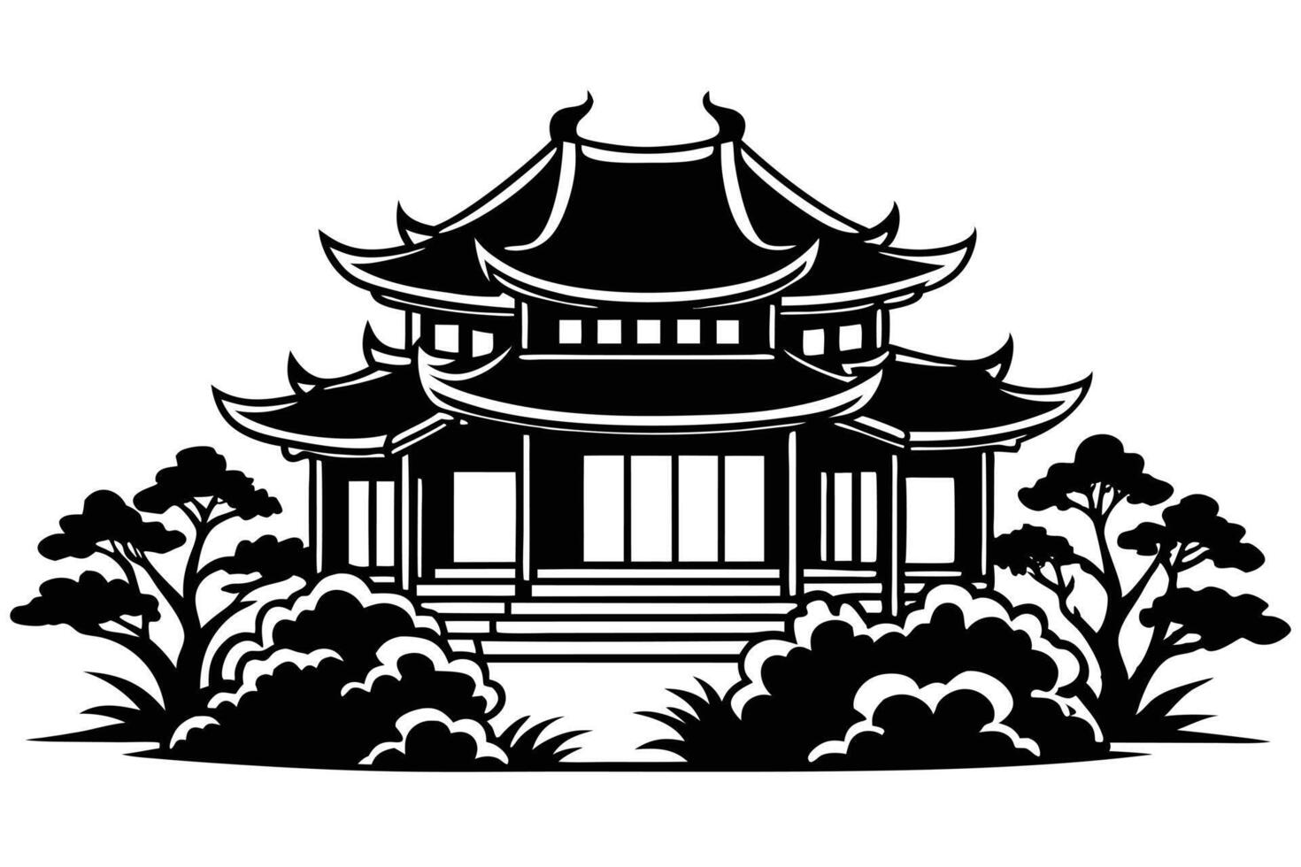 A black and White Silhouette of a Chinese Pagoda vector