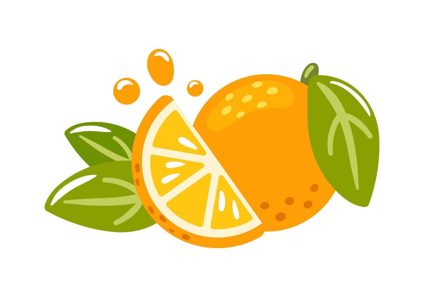 striking illustration showcases a fresh orange, artfully depicted alongside a slice and lush green leaves. vibrant colors highlight the fruits natural beauty, embodying freshness and vitality. vector