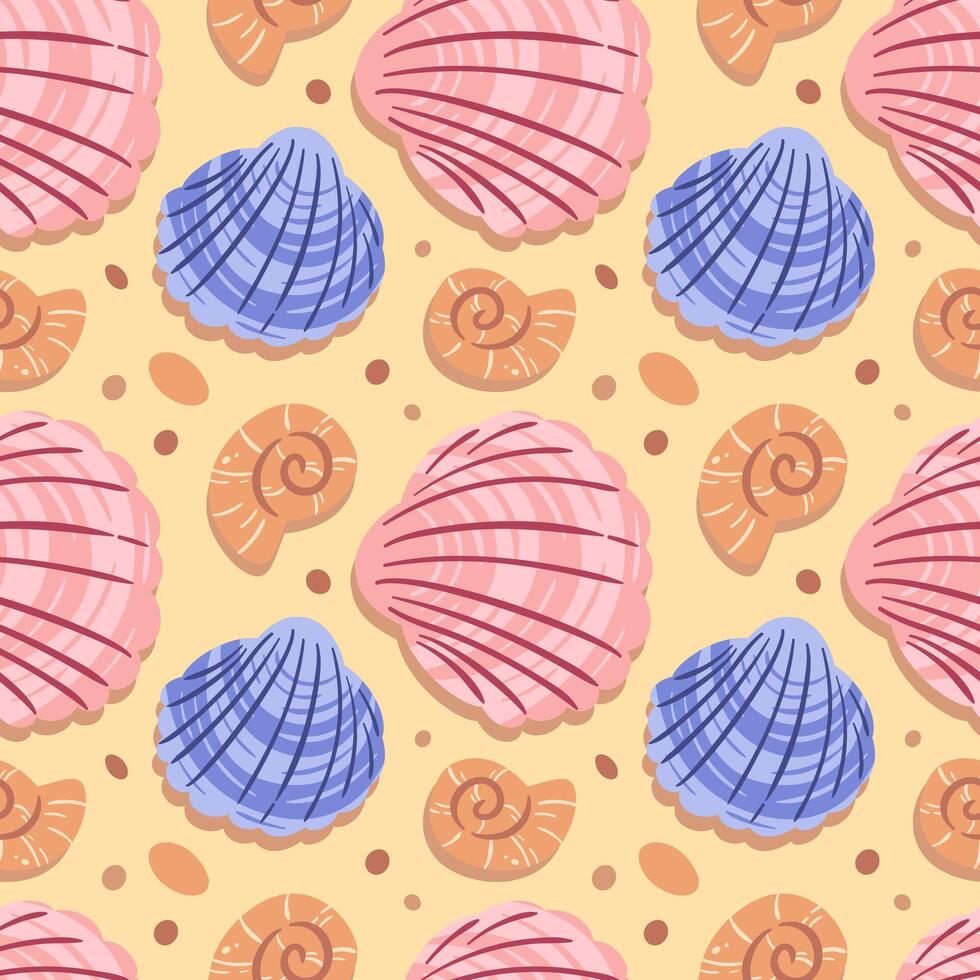 A seamless pattern featuring an elegant variety of seashells, showcasing intricate details and soft colors. This design captures the essence of the beach, making it ideal for summer-themed projects vector