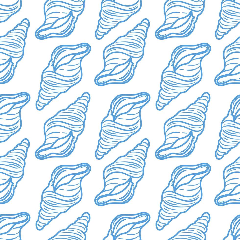 A seamless pattern of outlined shells that elegantly showcases the exquisite shape and nautical style. This minimalist design highlights the beauty, perfect for backgrounds, textiles and ocean themed vector