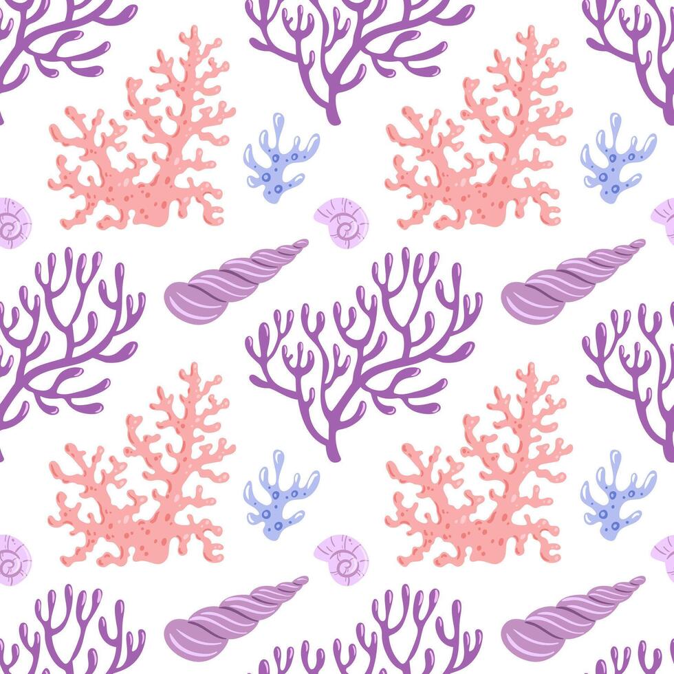 seamless pattern featuring intricate corals, seashells, showcasing a harmonious blend of marine life. Perfect for textile designs, wallpapers, and ocean-themed decor, capturing the essence of the sea. vector