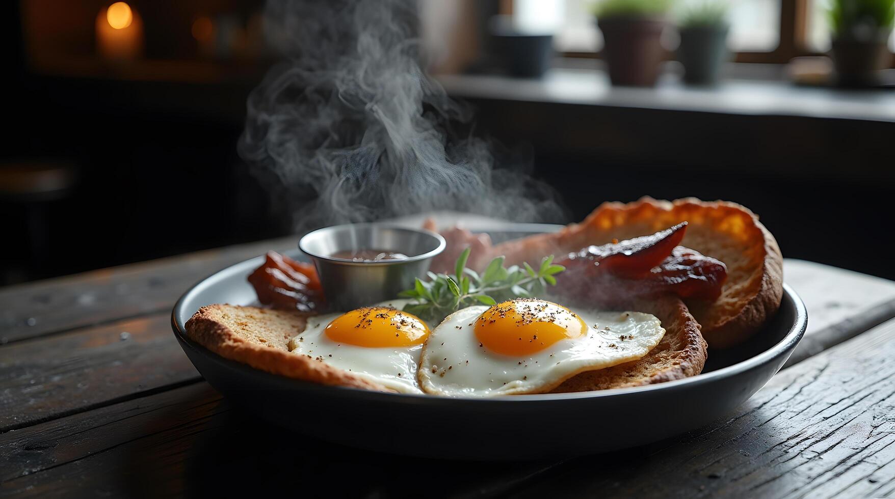 Breakfast Plate with Fried Eggs, Toast, Bacon, and Sauce photo