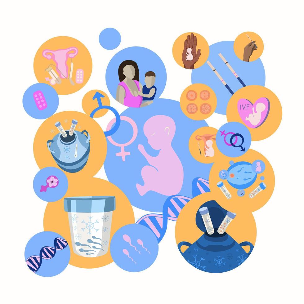Illustration of pregnancy planning. Search for a sperm donor. Freezing of eggs and sperm. Preparation for artificial insemination. vector