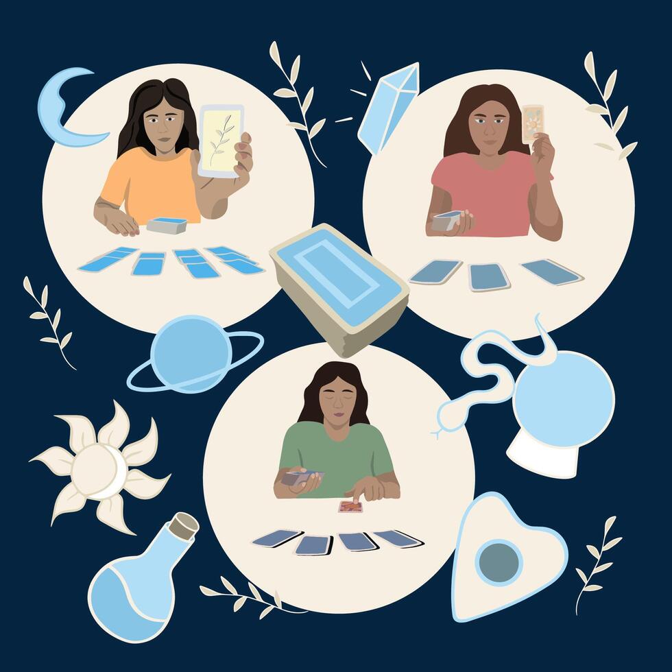 Illustration of a set of fortune tellers reading tarot cards. Prediction of the future. Signs and symbols of fortune telling. vector