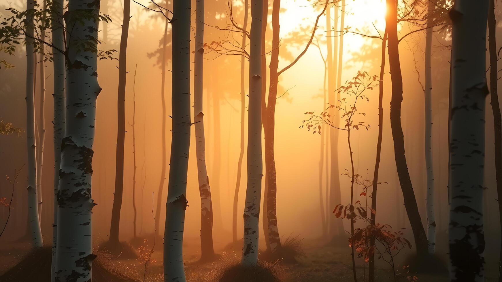 Birch Trees in Fog with Sunlight photo