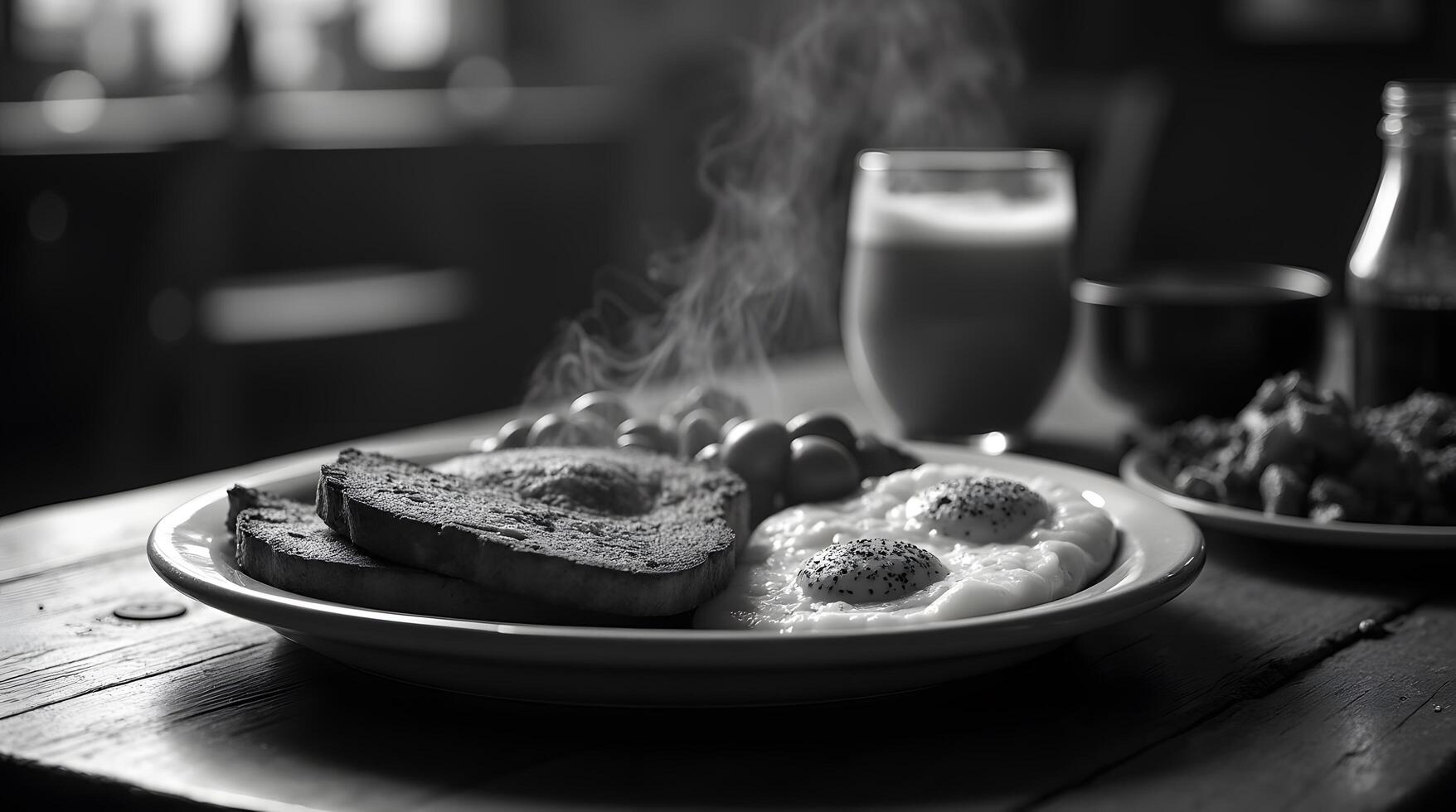Monochrome Image of Breakfast Plate with Toast, Eggs, and Drinks photo