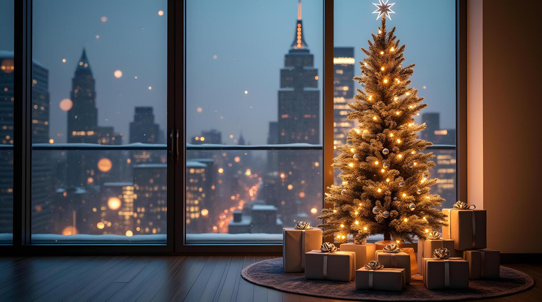 Christmas Tree and Gifts in Apartment Overlooking Cityscape photo