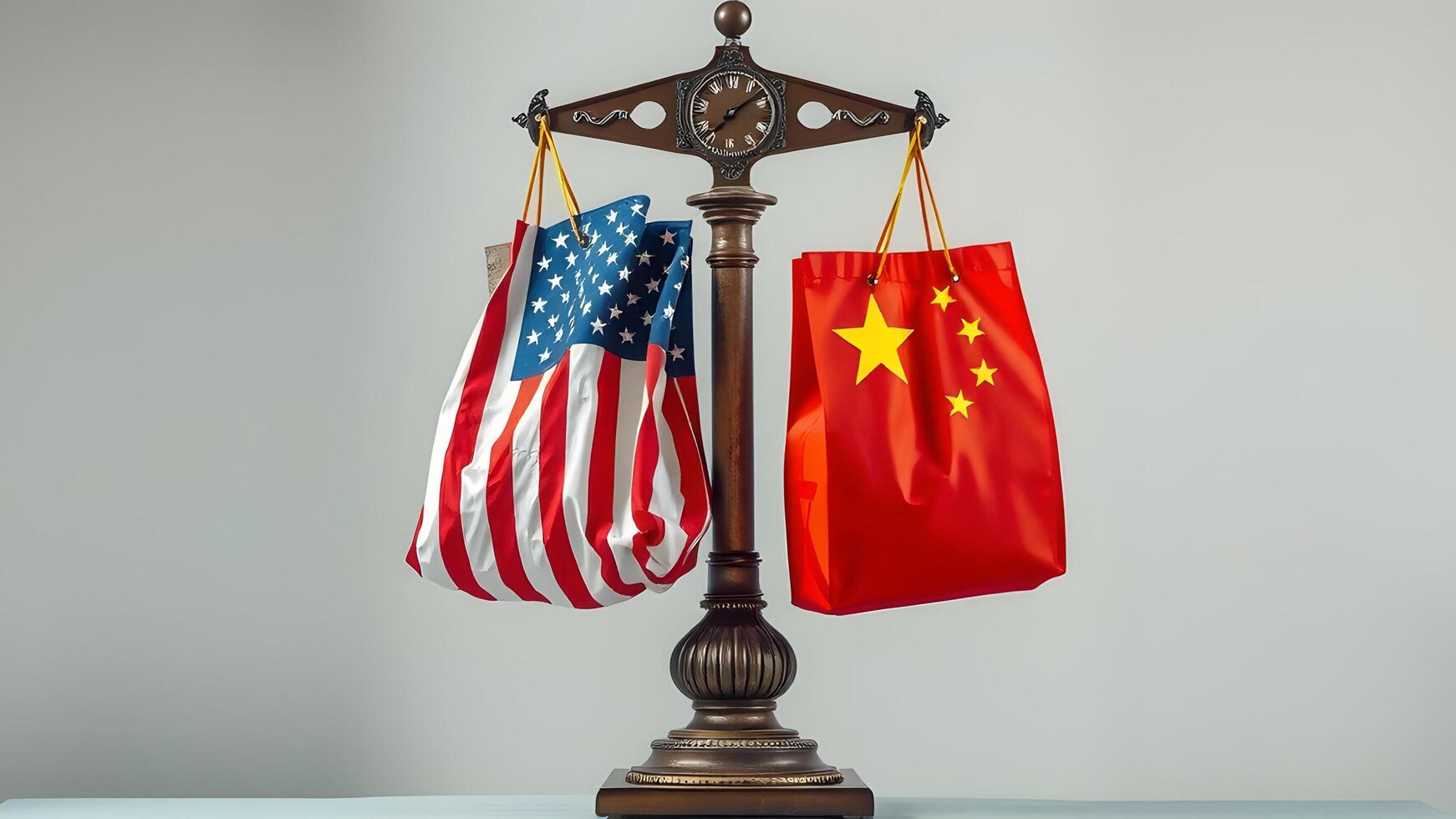 Scale with US and Chinese Flag Shopping Bags photo