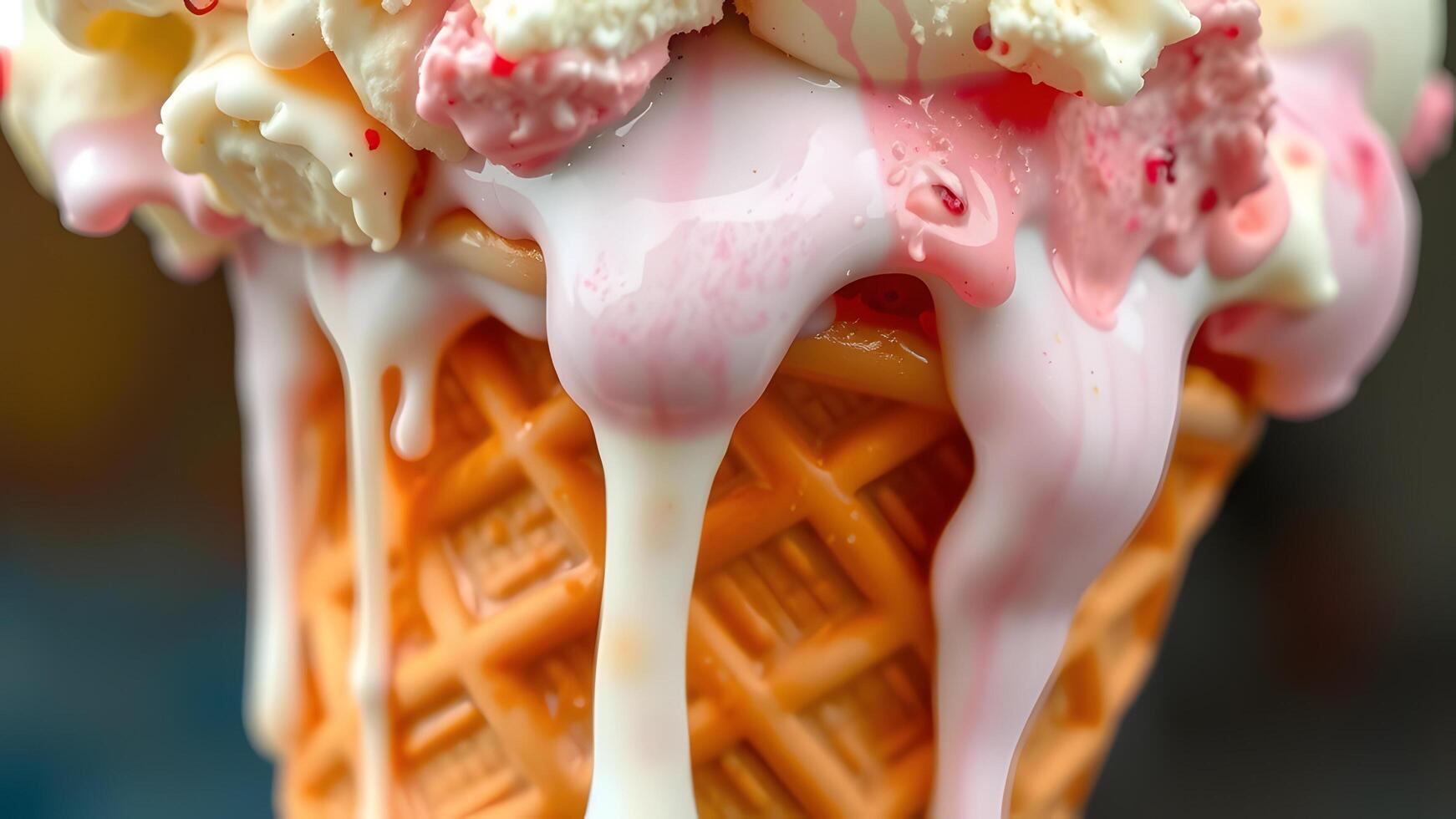 Melting Ice Cream Cone with Vanilla and Strawberry photo