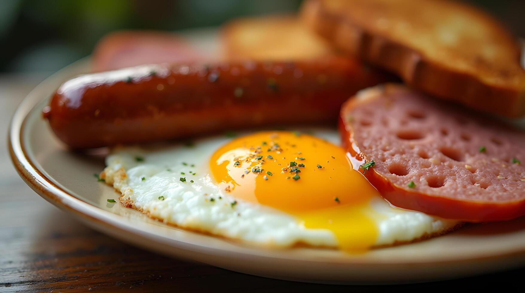 Breakfast Plate with Fried Egg, Sausage, Ham, and Toast photo