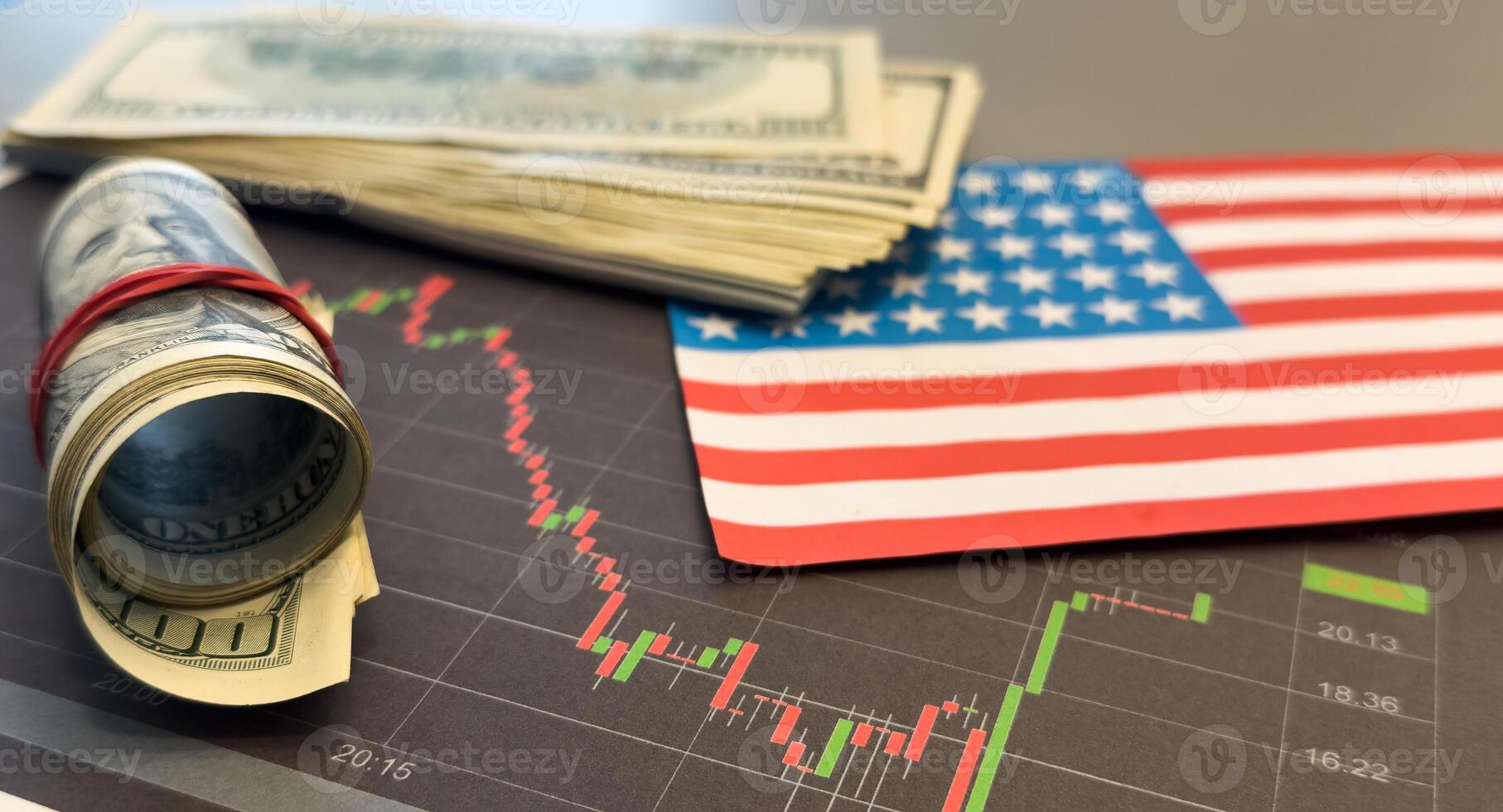 Stock market trading graph in red color economy. usa flag dollar bill background. Trading trends and economic development. Effect of recession on US economy. Stock crash market exchange loss trading photo