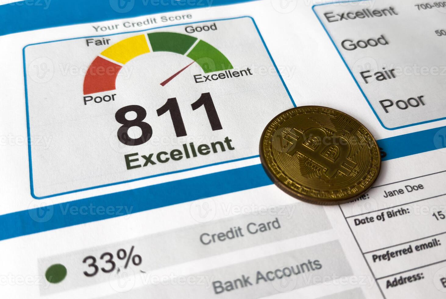 Credit score report with calculator and organizer book photo