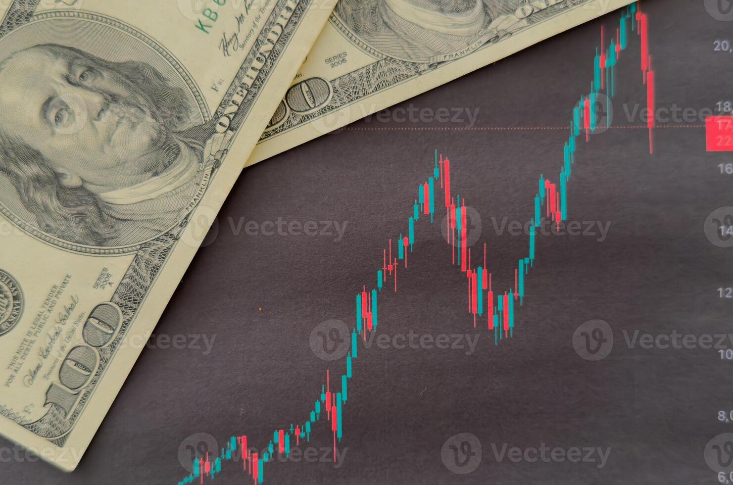 US dollar on the background of the financial chart. Concept Economy, business investment, economic crisis, decline in profits, recession. mixed media photo