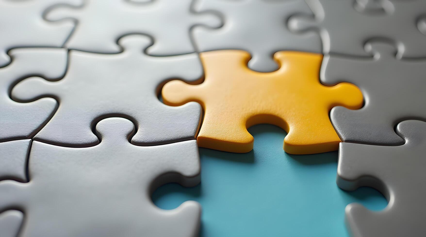 Gray Puzzle Pieces with Yellow Piece on Blue photo