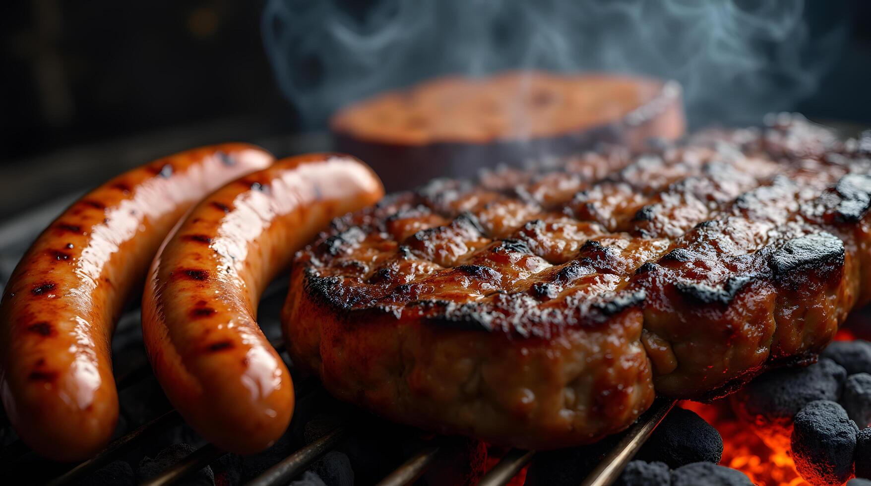 Grilled Sausages and Meat Patties on a Charcoal Grill photo