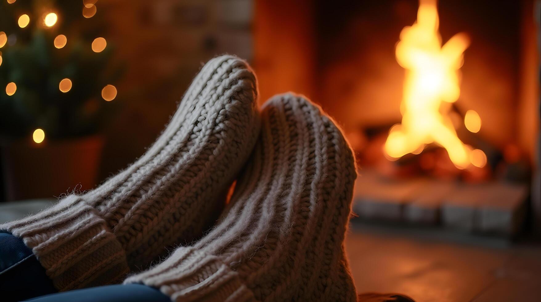 Feet in Socks near Fireplace and Christmas Tree photo