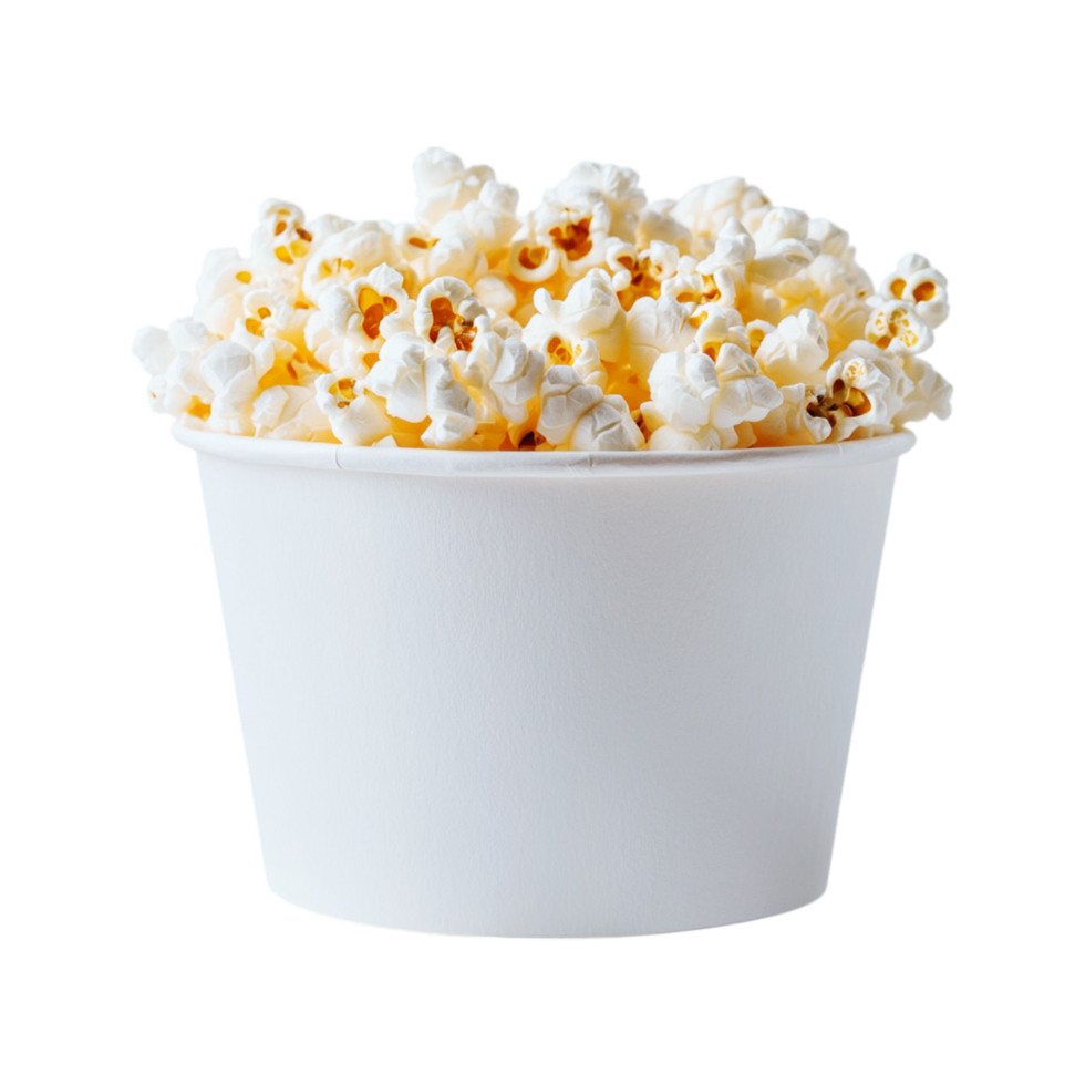 Stock photo of popcorn in a white bucket ready for movie night or a tasty snack on a Transparent background png