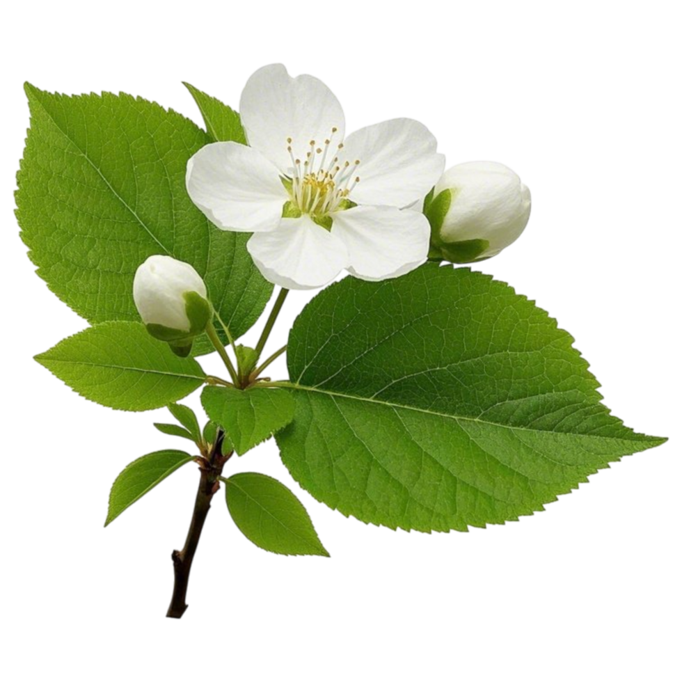 Stock photo of white cherry blossom flower with green leaves and buds isolated on Transparent background png