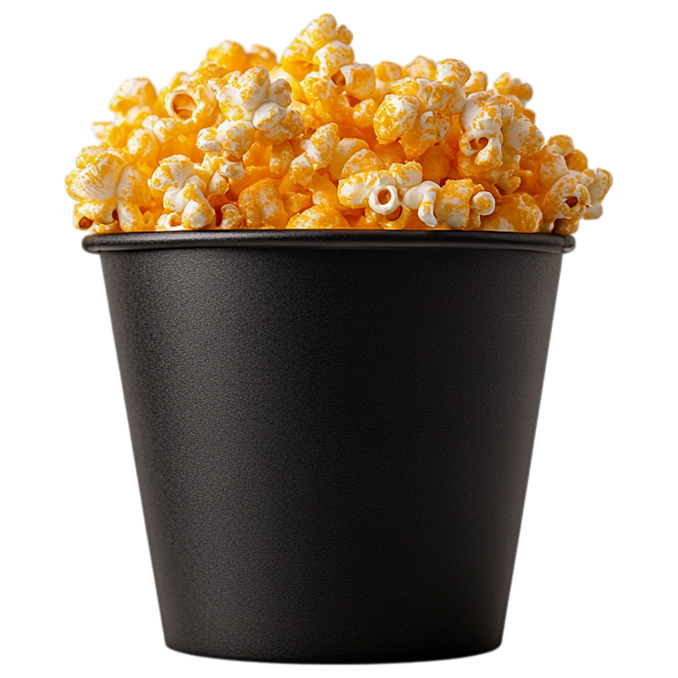 Delicious cheese popcorn in a black bucket perfect for movie night snack or party treat and quick bite food craving png