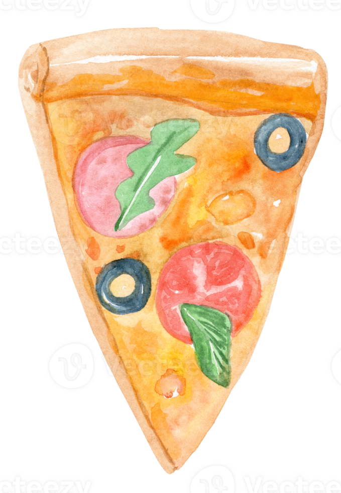 watercolor hand drawn slice of pizza with cheese olives and tomato isolated png