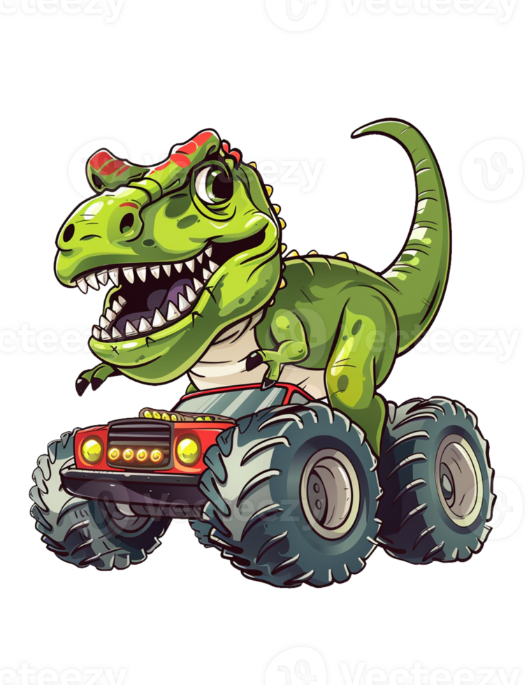Cartoon dinosaur driving a monster truck png
