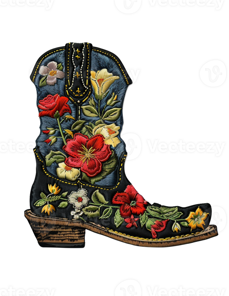 A cowboy boot with flowers embroidered on it png