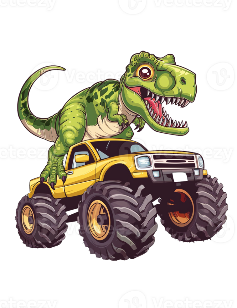 Cartoon dinosaur riding on a yellow monster truck png