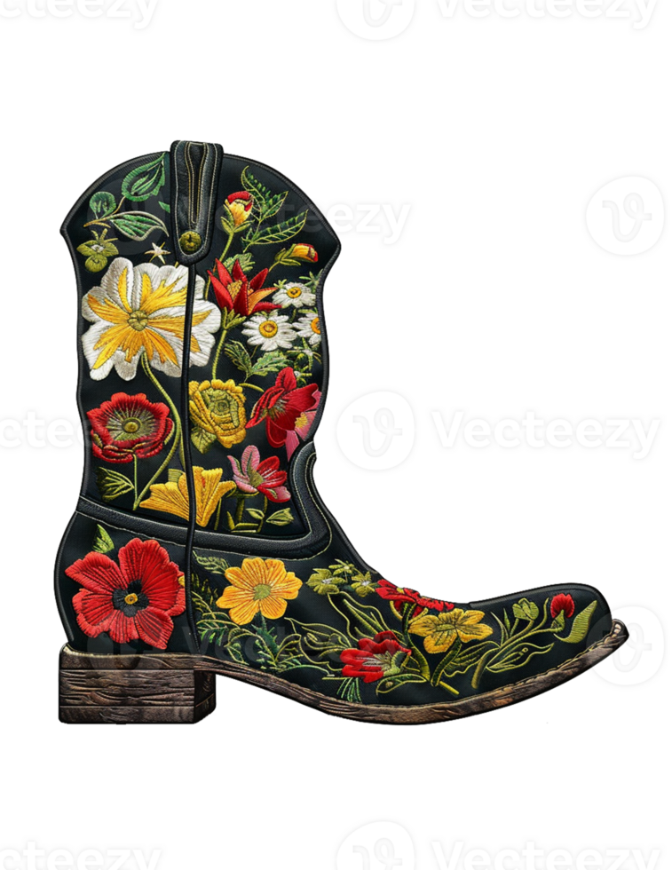 A black cowboy boot with flowers painted on it png