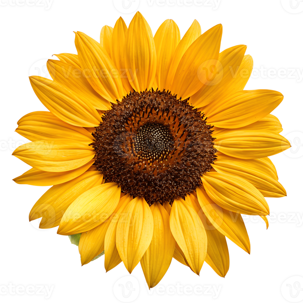 Vibrant close-up of beautiful sunflower in full bloom with yellow petals isolated on the transparent background png