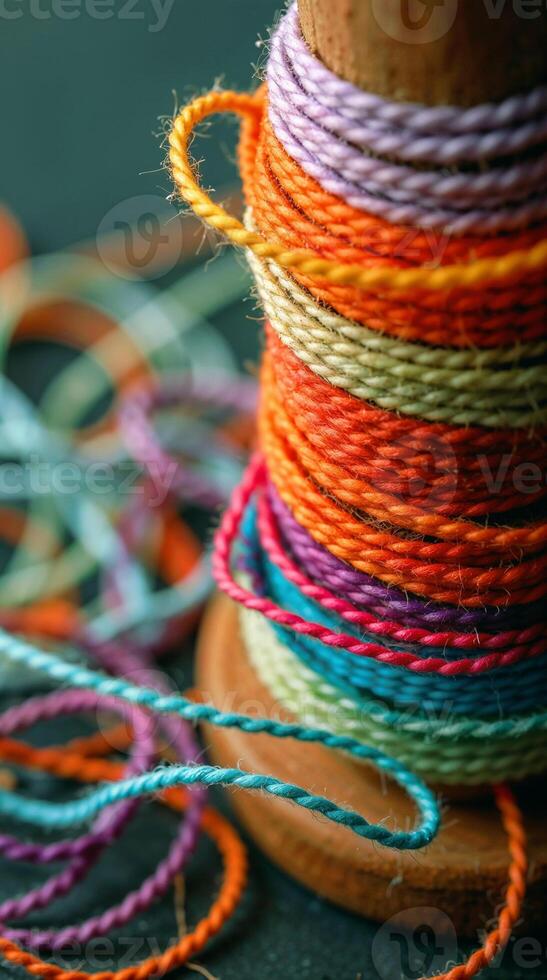Colorful threads wrapped around wooden spool in close-up photo