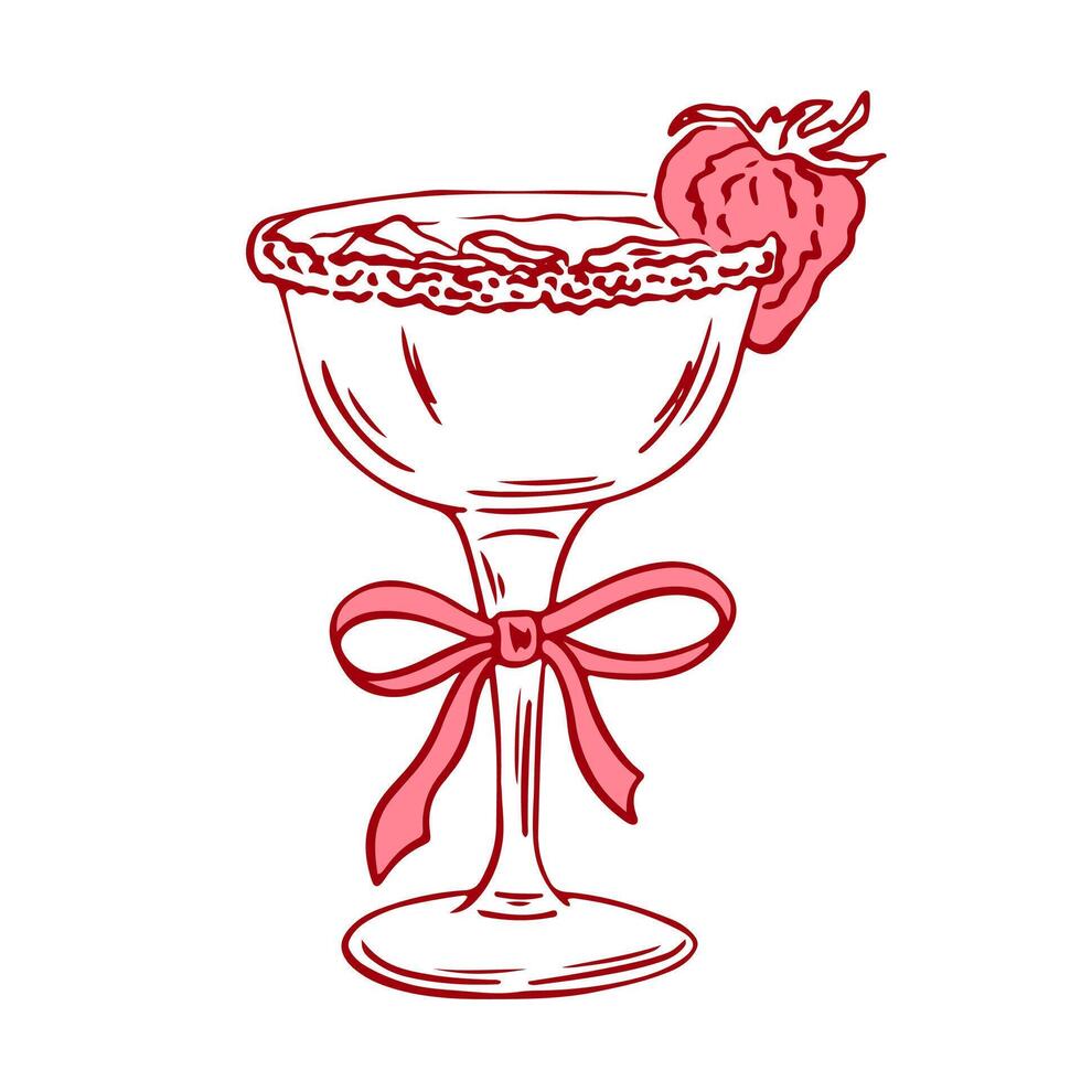 Coquette cocktail with strawberry and bow. Hand drawn outline illustration of cocktail drink. Decoration bachelorette party elements for wedding invitations. Line art doodle bar element vector