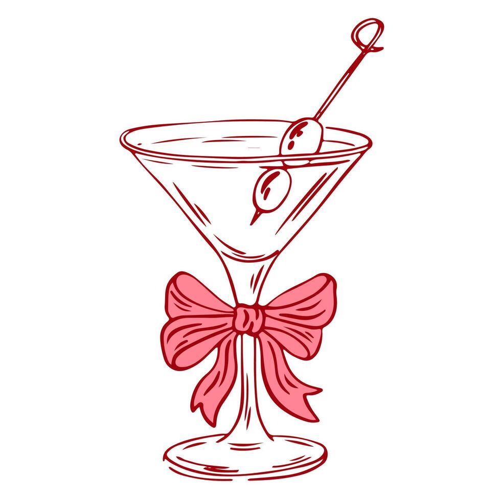 Coquette cocktail martini with bow and olive. Hand drawn outline illustration of cocktail drink. Decoration bachelorette party elements for wedding invitations. Line art doodle bar element vector
