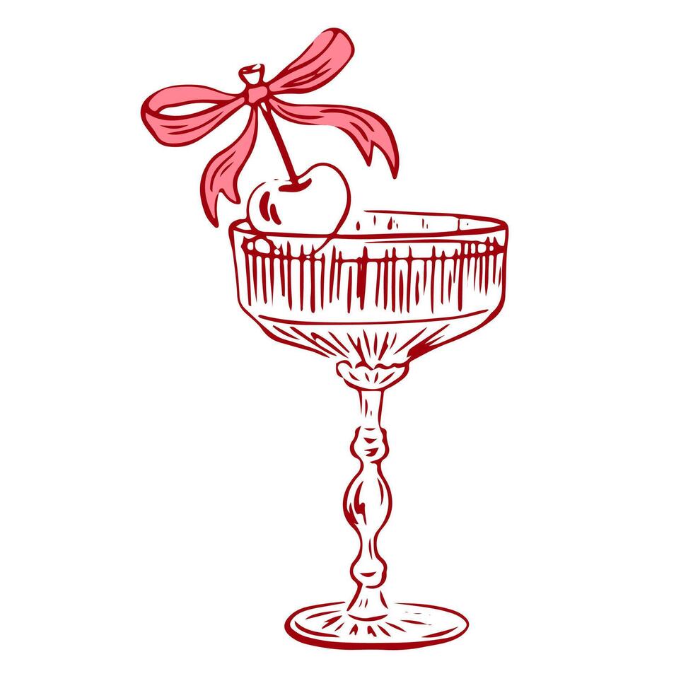 Coquette cocktail with cherry and bow. Hand drawn outline illustration of cocktail drink. Decoration bachelorette party elements for wedding invitations. Line art doodle bar element vector