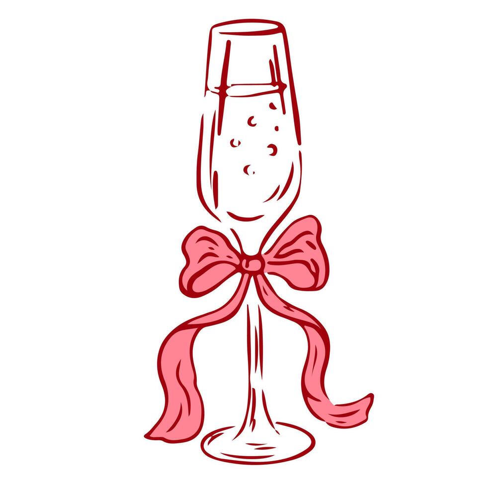 Coquette cocktail champagne with bow. Hand drawn outline illustration of cocktail drink. Decoration bachelorette party elements for wedding invitations. Line art doodle bar element vector